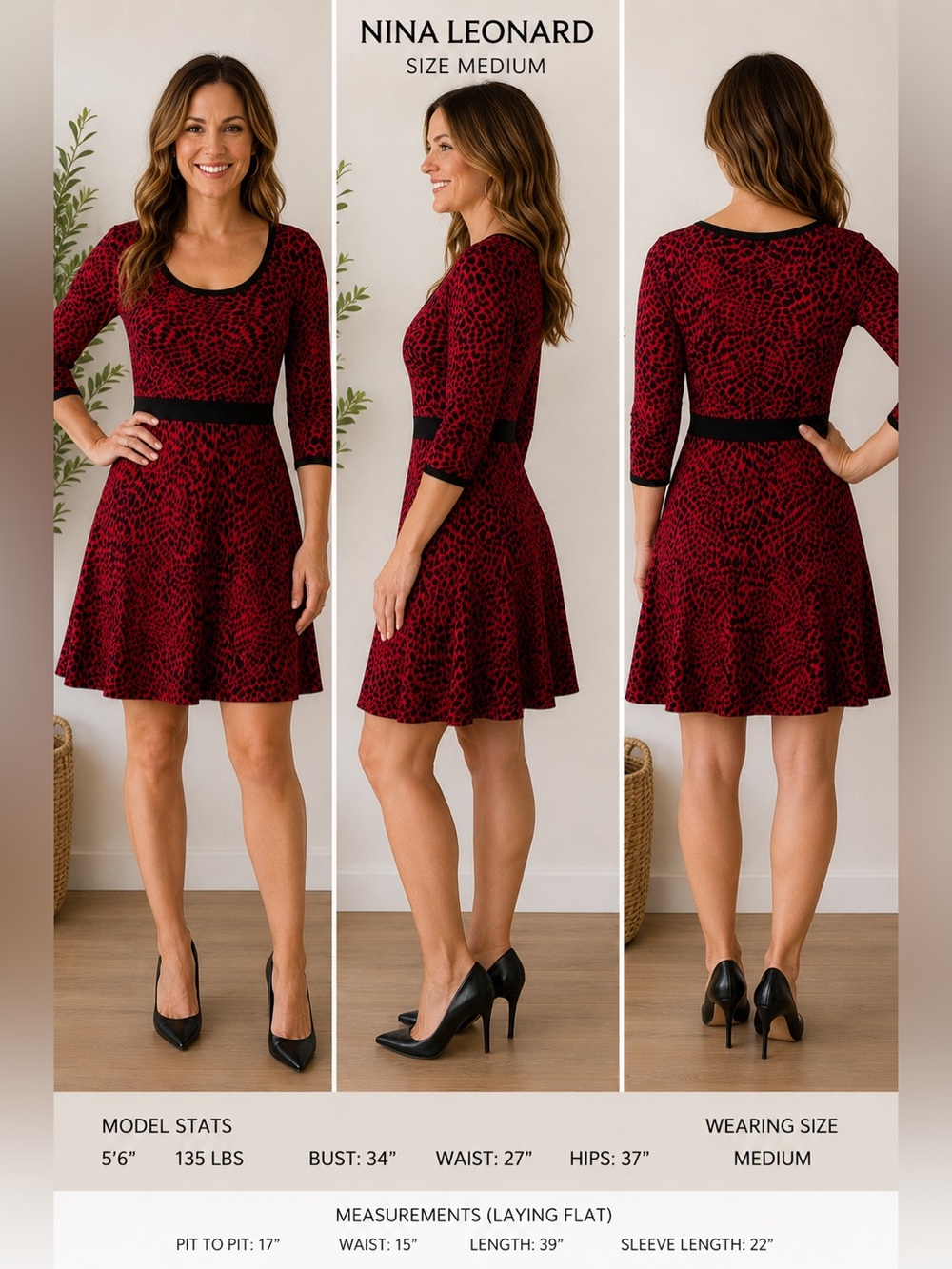 Nina Leonard Red Black Leopard Print Fit & Flare Sweater Dress Medium